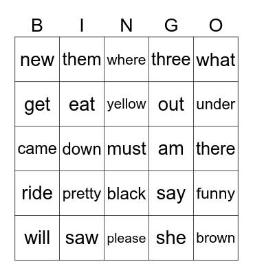 Sight Word Bingo Card