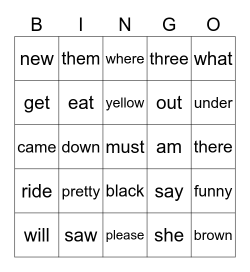 Sight Word Bingo Card