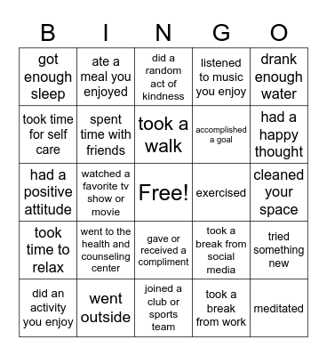 Health and wellness bingo Card