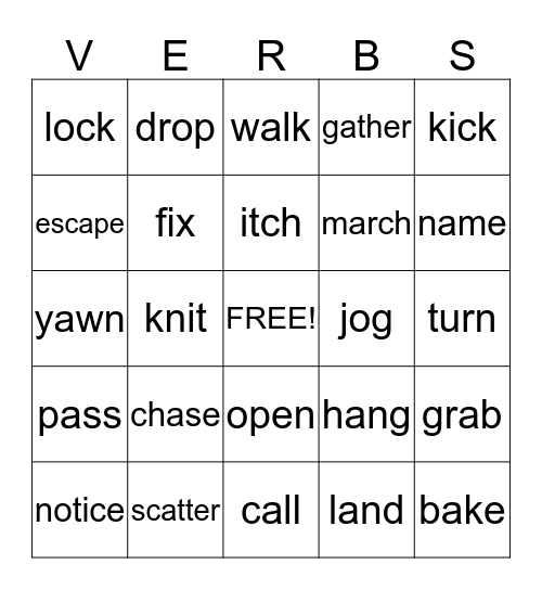 Action Verbs  Bingo Card