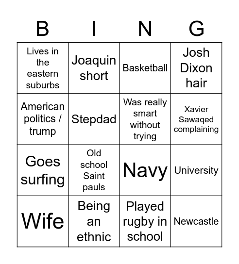 Trav bingo Card