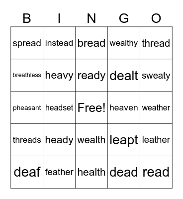 ea as in head Bingo Card