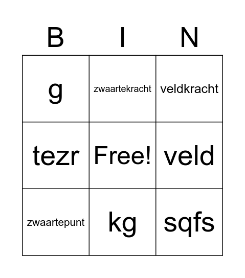 Zwaartekracht Bingo Card