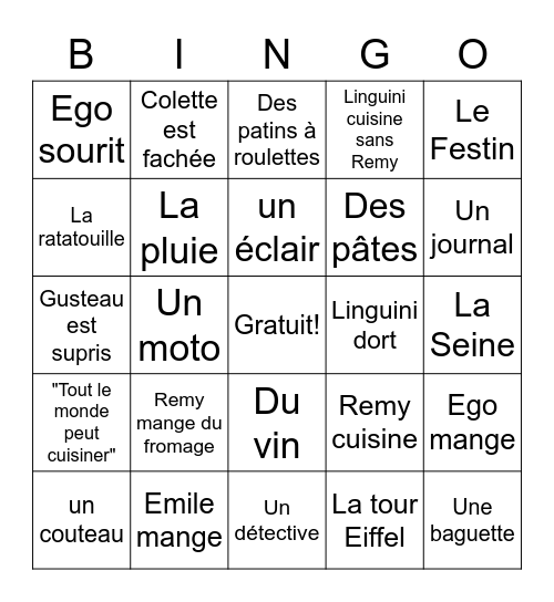 Ratatouille Bingo Card