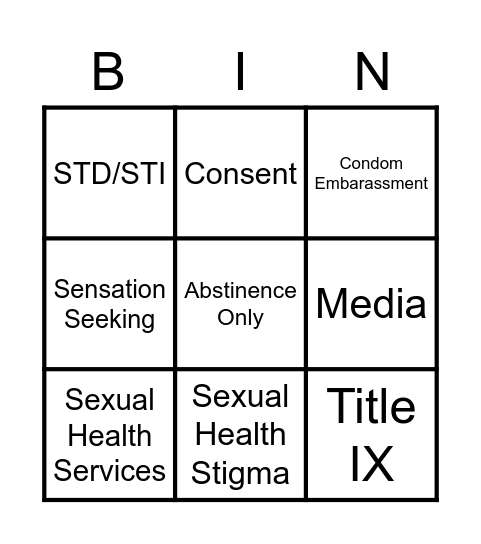 Sexual Health Bingo Card