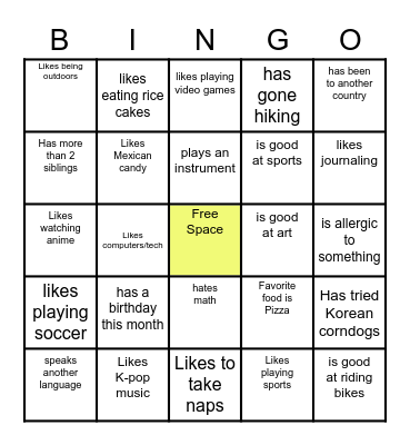 Condor Cool Kids Club Bingo Card