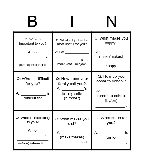 Let's get to know our friends! Bingo Card