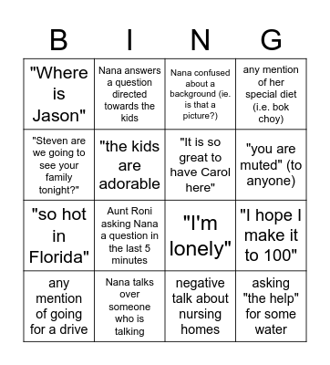 Family Zoom Bingo Card