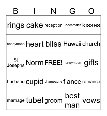 Jacinta's Bridal Shower Bingo Card