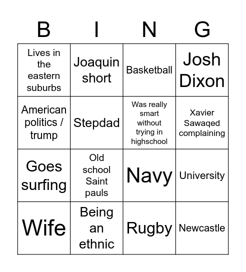 Trav bingo Card