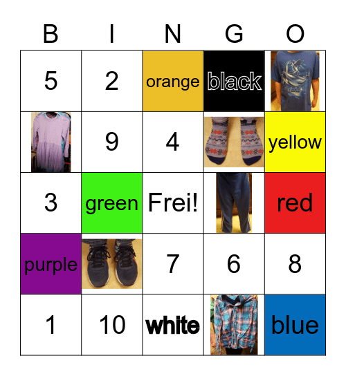Zahlen, Farben und Kleidung Bingo Card