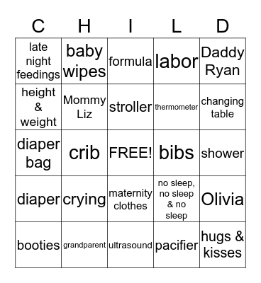 Liz's Baby Shower Bingo Card