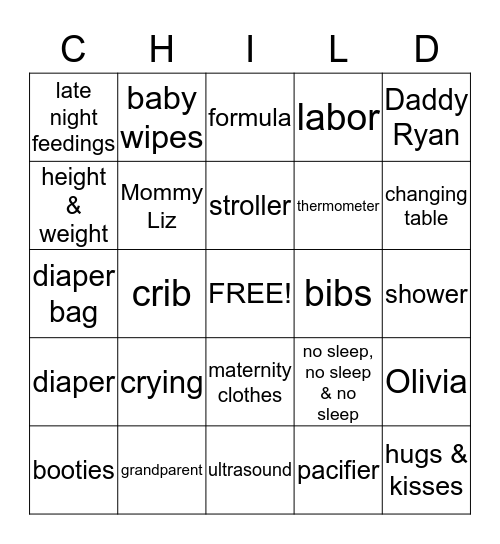 Liz's Baby Shower Bingo Card