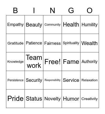 Values Bingo Card