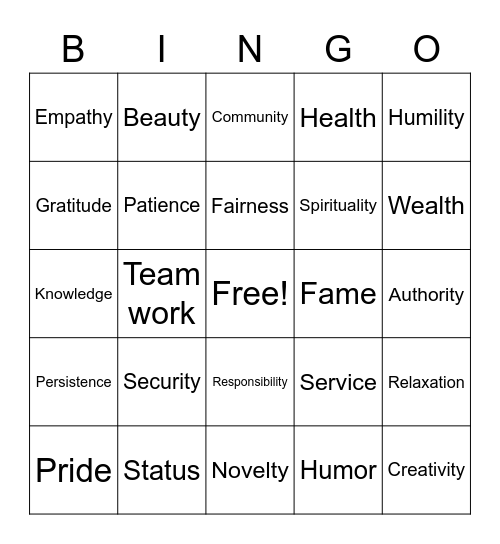 Values Bingo Card