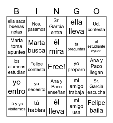AR Verbs Bingo Card