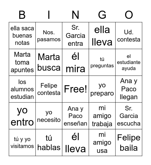 AR Verbs Bingo Card