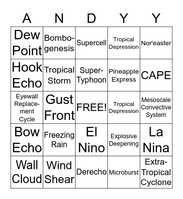Andy's Weather Bingo Card