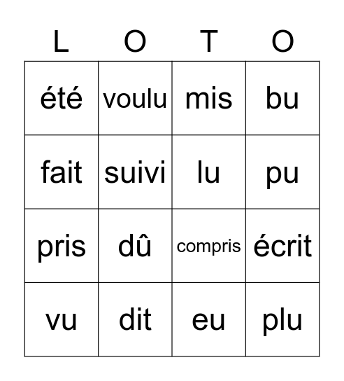 Irregular Past Participles French Bingo Card
