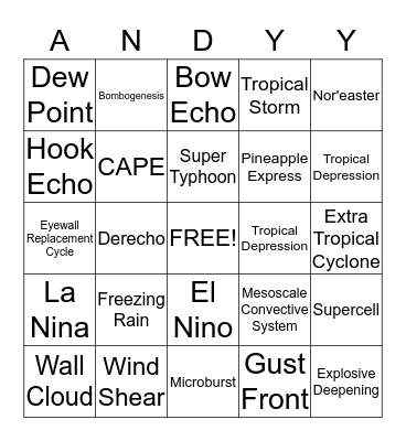Andy's Weather Bingo Card