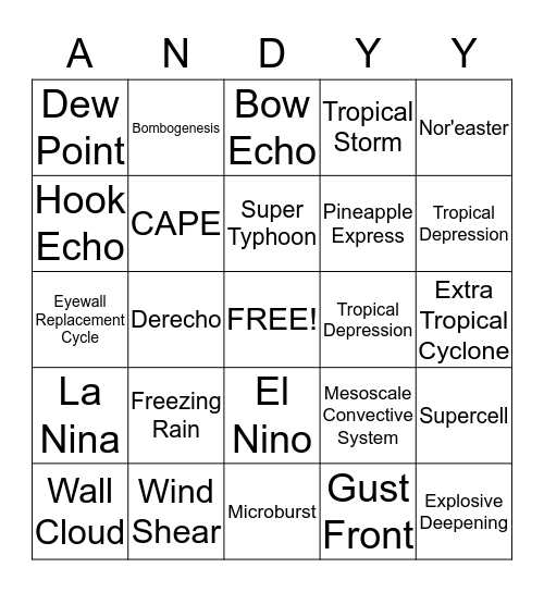 Andy's Weather Bingo Card