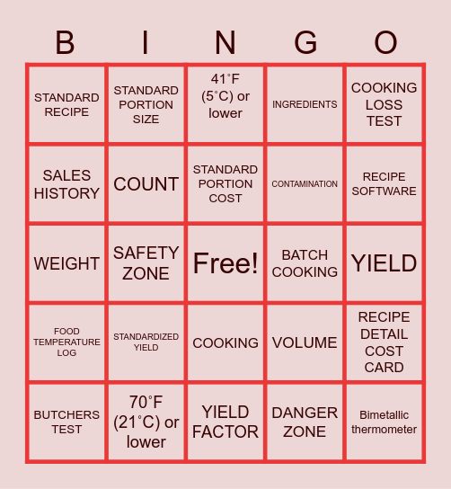 PREPARATION AND COOKING GAME Bingo Card