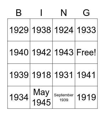 World War 2 Timeline Bingo Card