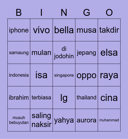 tiana’s Bingo Card