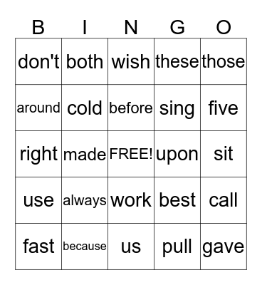 Dolch Sight Words Bingo Card