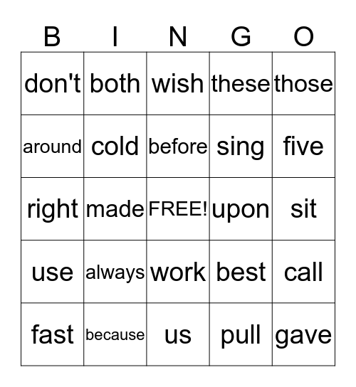 Dolch Sight Words Bingo Card