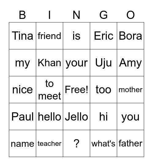 "My name is Eric." Bingo Card