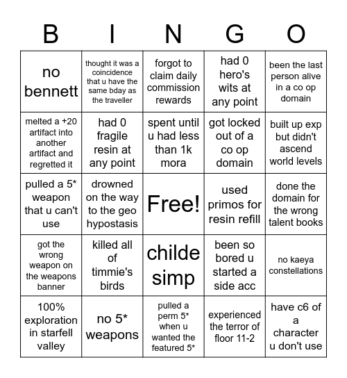 genshin struggle bingo Card