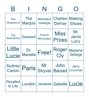 A Tale of Two Cities Bingo Card