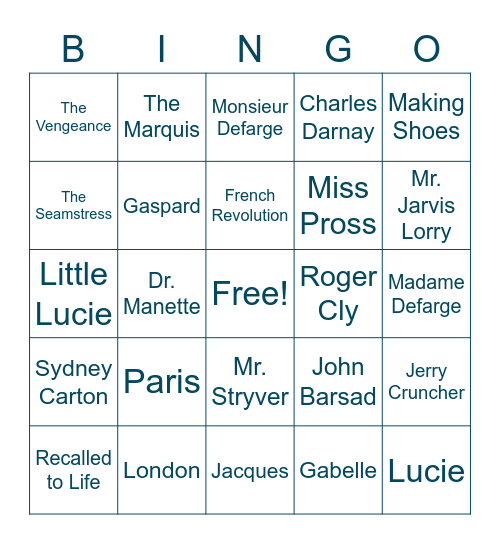 A Tale of Two Cities Bingo Card