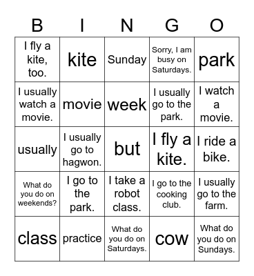 5th Grade: Lesson 2- What Do You Do on Weekends? Bingo Card