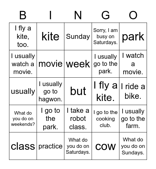 5th Grade: Lesson 2- What Do You Do on Weekends? Bingo Card