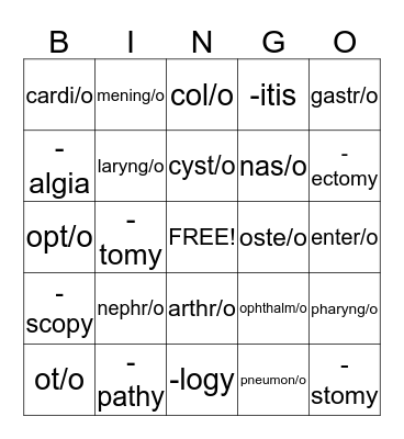 Medical Terminology Bingo Card