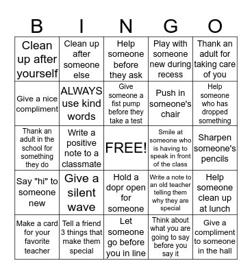 Random Acts of Kindness Bingo Card