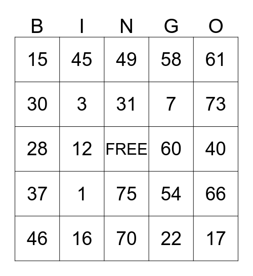 EASTERN STAR BINGO Card