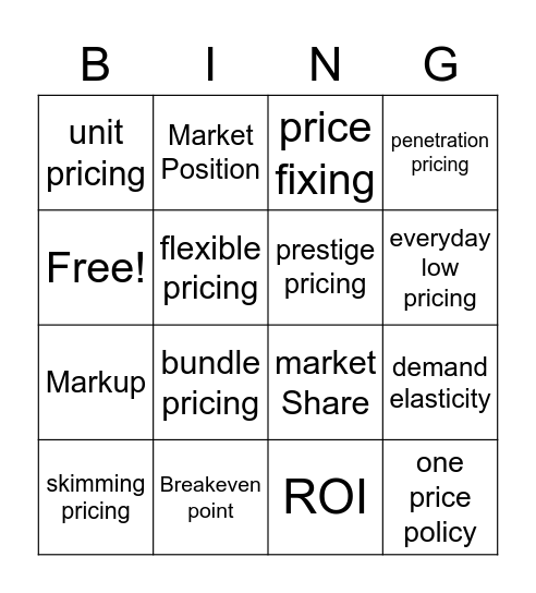 Marketing Pricing Bingo Card