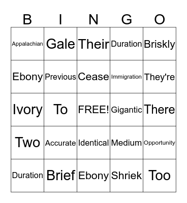 Vocabulary Bingo Card