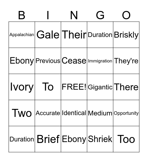 Vocabulary Bingo Card