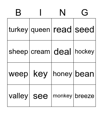 ee, ea, ey -  Bingo Card