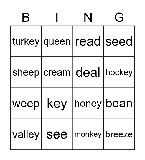 ee, ea, ey -  Bingo Card