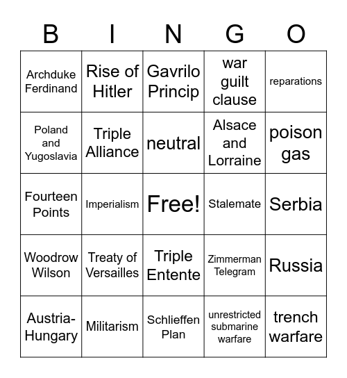 Nationalism and World War I Bingo Card