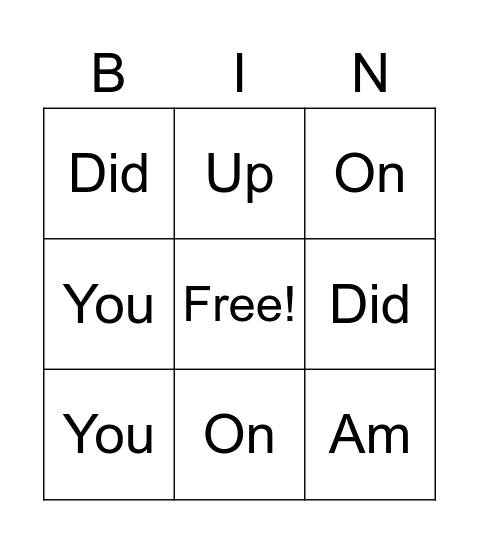 Sight Words Bingo Card
