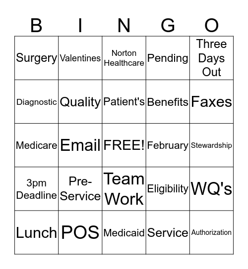 PrService Departmental Meeting 2/4/15 Bingo Card