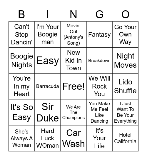 70's Hits Bingo Card