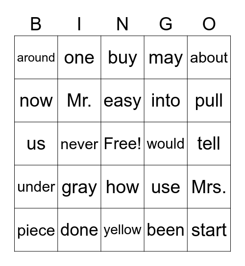 Sight Word Bingo Card