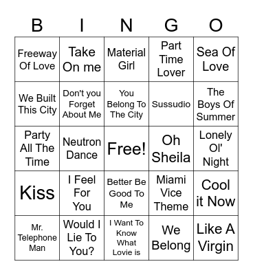 80's Hits Bingo Card
